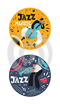 Jazz musicians double bassist and trumpeter with an instrument